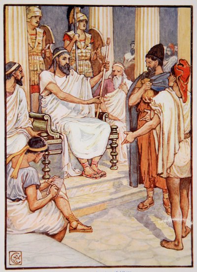 奴隷を解放するソロン、c.595、メアリー・マクレガー作「ギリシャの物語」のイラスト 作： Walter Crane