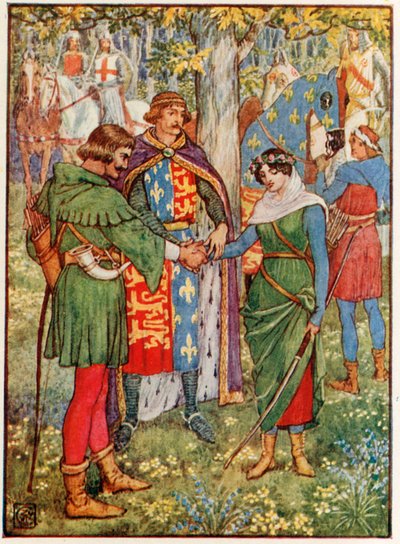 王はロビン・フッドとメイドマリアンの手に参加します 作： Walter Crane