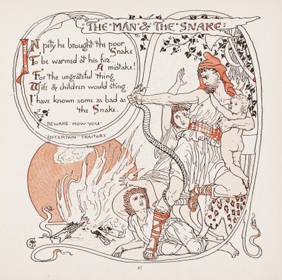 The Man＆The Snake、illustration from Aesops Fables、pub。 1887 作： Walter Crane