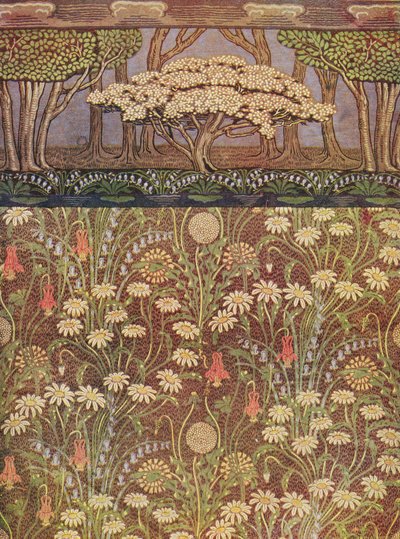 「草原 "の壁紙、"5月の木 "のフリーズ付き、1905年頃（プリント） 作： Walter Crane