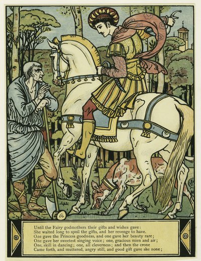 王子が道を尋ねる場面（『青髭の絵本』より。1879年（カラーリトグラフ 作： Walter Crane