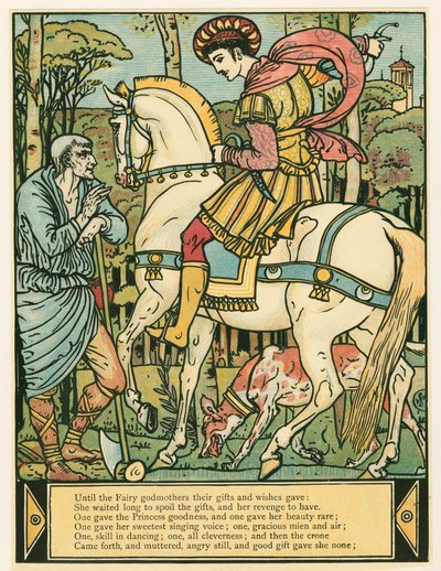 王子は青ひげの絵本、パブから道を尋ねます。 1879年カラーリトグラフ、1879年。 作： Walter Crane