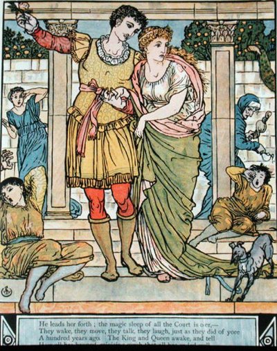 シャルル・ペロー（1628-1703）の「眠れる森の美女」の挿絵「姫を助ける王子」（カラー印刷） 作： Walter Crane