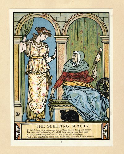 プリンセスが糸紡ぎを習う、『The Blue Beard Picture Book』より。1879年（カラーリトグラフ 作： Walter Crane