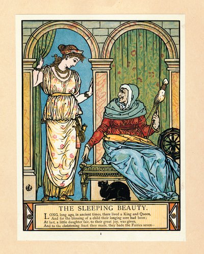 プリンセスは、The Blue Beard Picture Book、pub から回転することを学びます。 1879年カラーリトグラフ、1879年。 作： Walter Crane