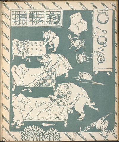 ベッドメイキングをする三匹のくまさん。 作： Walter Crane