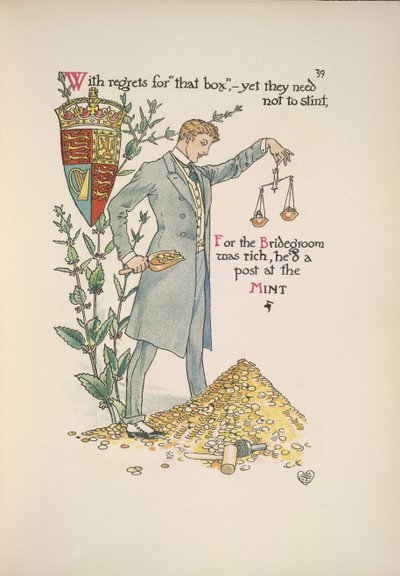 花婿が自分の財産を測る秤を持っている 作： Walter Crane