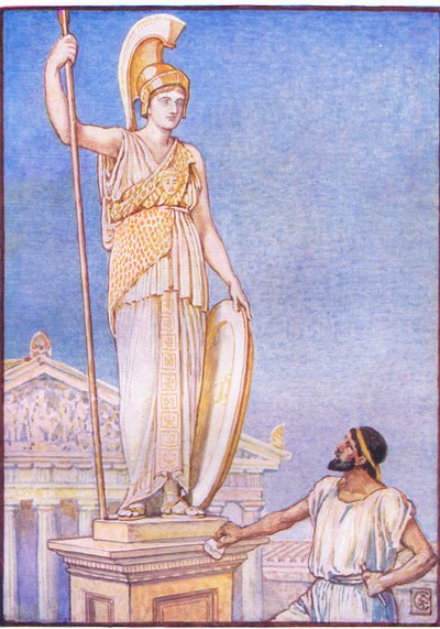 女神の姿は巨大なもので、ギリシャの物語、1930年代のイラスト 作： Walter Crane