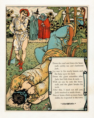 巨人は首を折る」、The Blue Beard Picture Book、pub. 1879年カラーリトグラフ、1879年。 作： Walter Crane