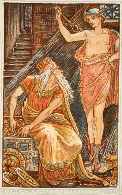 ミダスに登場する見知らぬ人、Nathanial Hawthorneによる「少女と少年のためのワンダーブック」（1852年）のイラスト 作： Walter Crane
