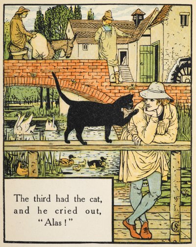 三人目は猫を飼っていて、「ああ！」と叫びました。 粉屋の息子と猫。 作： Walter Crane
