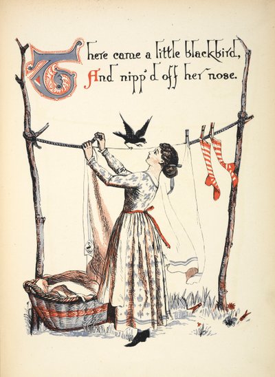 小さなクロウタドリがやってきて、彼女の鼻をつまんでしまいました。 作： Walter Crane
