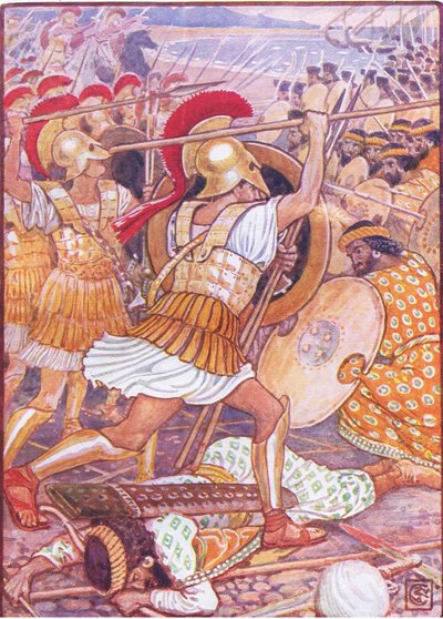 彼らは途方もない力、1930年代のギリシャの物語からのイラストでペルシャ軍に衝突しました 作： Walter Crane