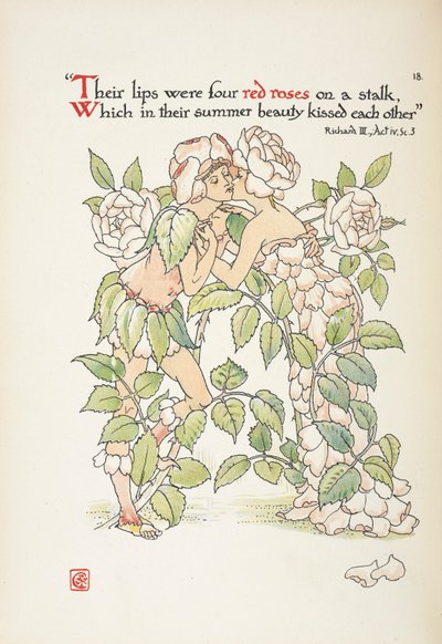 バラに扮したキスをする 2 人の人物 作： Walter Crane