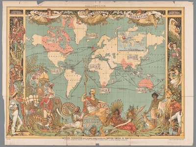 植民地時代の大英帝国を示す世界地図、1886 年 帝国連邦、1886 年の大英帝国の範囲を示す世界地図 (オブジェクトのタイトル) 作： Walter Crane