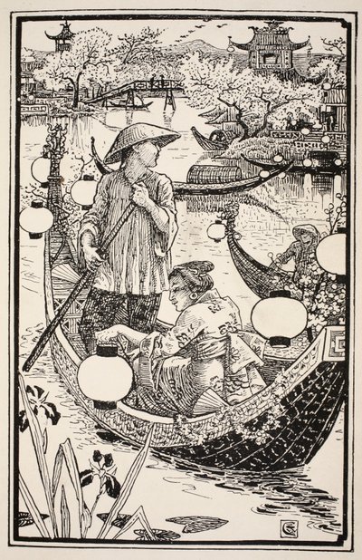 夕方になると、船に乗り込み、船首から船尾まで花で花を飾りました。 作： Walter Crane