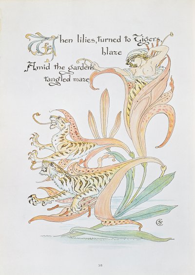 「ユリがタイガーブレイズに変わったとき」、「フローラの饗宴、花の仮面舞踏会」のイラスト 作： Walter Crane