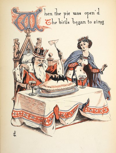 パイが開いたとき、鳥がさえずり始めました。 作： Walter Crane