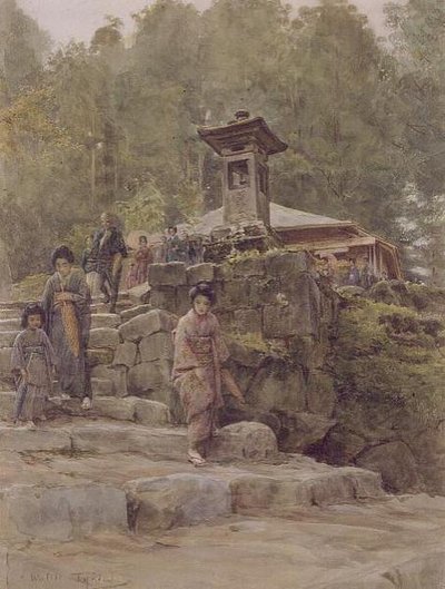 田舎の神社へのアプローチ」、「日本と日本人」（Methuen社）のイラスト 作： Walter Frederick Roofe Tyndale