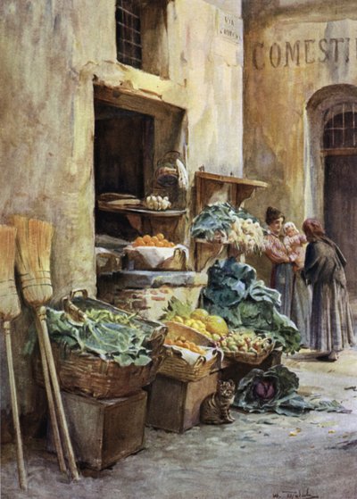 イタリアのリビエラにある八百屋さん（カラーリトグラフ 作： Walter Frederick Roofe Tyndale