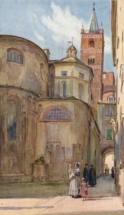 イタリア・アルベンガ、ロマネスク様式の教会（カラーリトグラフ 作： Walter Frederick Roofe Tyndale