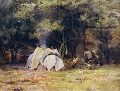 ニューフォレスト。リンドハーストとミンステッドの間にあるケンネルの近くのジプシーキャンプ（カラーリトグラフ 作： Walter Frederick Roofe Tyndale