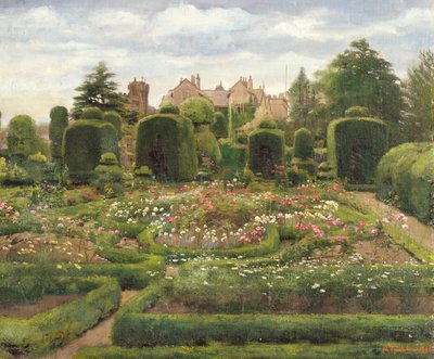 トピアリー庭園、カンブリア州、リーベンスホール、1886年（キャンバスに油彩、ボード上に配置） 作： Walter Frederick Roofe Tyndale