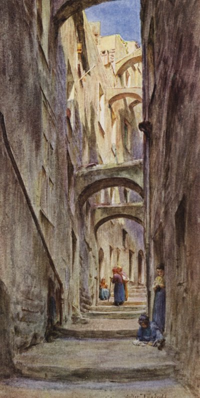 サンレモのVicolo Della Providenza（カラーリトグラフ）。 作： Walter Frederick Roofe Tyndale