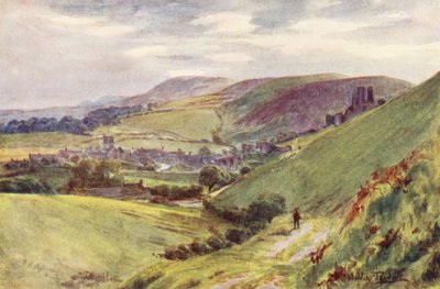 ウェセックスナイン・バロウ・ダウンからのコーフ城（カラーリトグラフ） 作： Walter Frederick Roofe Tyndale