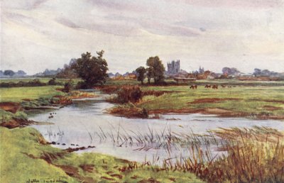 ウェセックスストアー川、遠くにウィムボーン・ミンスター（カラーリトグラフ） 作： Walter Frederick Roofe Tyndale