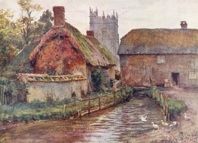 ウェセックスドーチェスター近郊、アフプドルの製粉所と教会（カラーリトグラフ） 作： Walter Frederick Roofe Tyndale