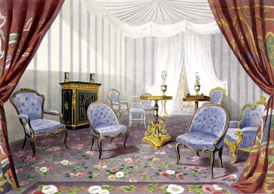 クリスタル・パレス、女王の引退室、「大博覧会の回想」より（カラーリトグラフ） 作： Walter Goodall