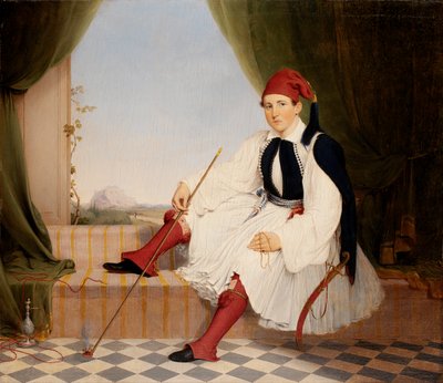 ギリシャのエヴゾネ衣装を着たジョン・B・カーマックの肖像（1853年）。 作： Walter Gould
