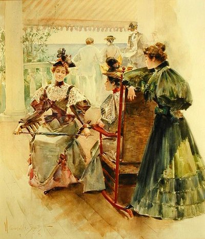 ベランダで」（紙にガッシュと水彩画 作： Walter Granville Smith