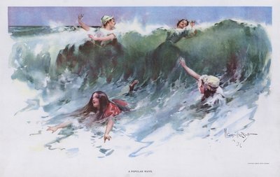 人気の波：海辺で波打ち際で遊ぶ女性たち（カラーリトグラフ 作： Walter Granville Smith