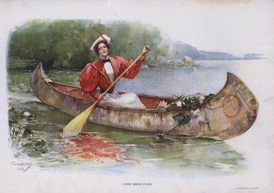 睡蓮の中の薔薇：カヌーから睡蓮を集める女性（カラーリトグラフ 作： Walter Granville Smith