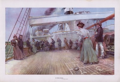 In Mid-Ocean：船上でシャッフルボードゲームを楽しむ乗客（カラーリトグラフ 作： Walter Granville Smith