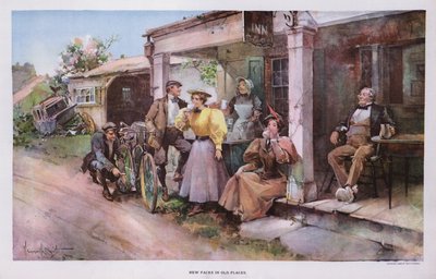 古い場所の新しい顔：道端の宿で休憩するサイクリストのグループ（カラーリトグラフ 作： Walter Granville Smith
