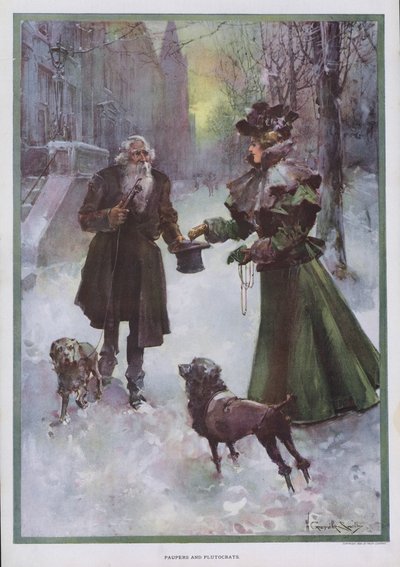 Paupers and Plutocrats: 冬の路上で貧乏人にお金を渡す裕福な女性（カラーリトホ 作： Walter Granville Smith