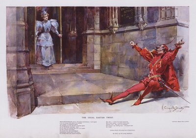 いつものイースターの密会教会から出て行く少女を待つメフィストフェレス（カラーリトグラフ 作： Walter Granville Smith