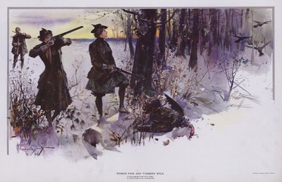 Woman Fair and Turkeys Wild：野生の七面鳥を狩る（カラーリトグラフ 作： Walter Granville Smith