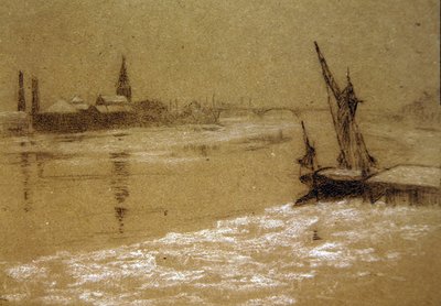 冬のテムズ川」（紙に白黒のチョーク） 作： Walter Greaves