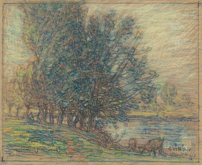 ウィロー、ロンプレ、フランス、c.1911-18（織り紙にパステル） 作： Walter Griffin