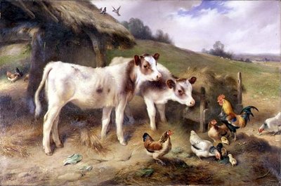 牛舎の外にいる子牛や家禽類 作： Walter Hunt
