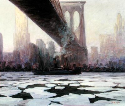ブルックリン橋の下の凍った水の中の船（油彩・キャンバス） 作： Walter Koeniger