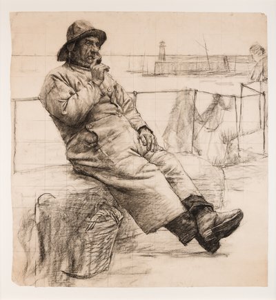 パイプを吸う漁師（紙に木炭） 作： Walter Langley