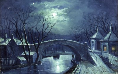 レッドコート橋、アームリー、ムーンライト作（キャンバスに油彩） 作： Walter Linsley Meegan