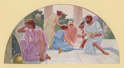 ユリシーズが発見した女学生に変装したアキレス（カラーリトグラフ） 作： Walter MacEwen