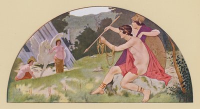 ミネルヴァから有翼の馬ペガサスを受け取るベレロフォン（カラーリトグラフ） 作： Walter MacEwen