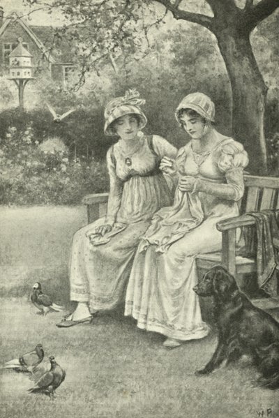 裁縫をするジェーン・オースティンと妹のカサンドラ（Rectory Garden）（リトグラフ 作： Walter Paget